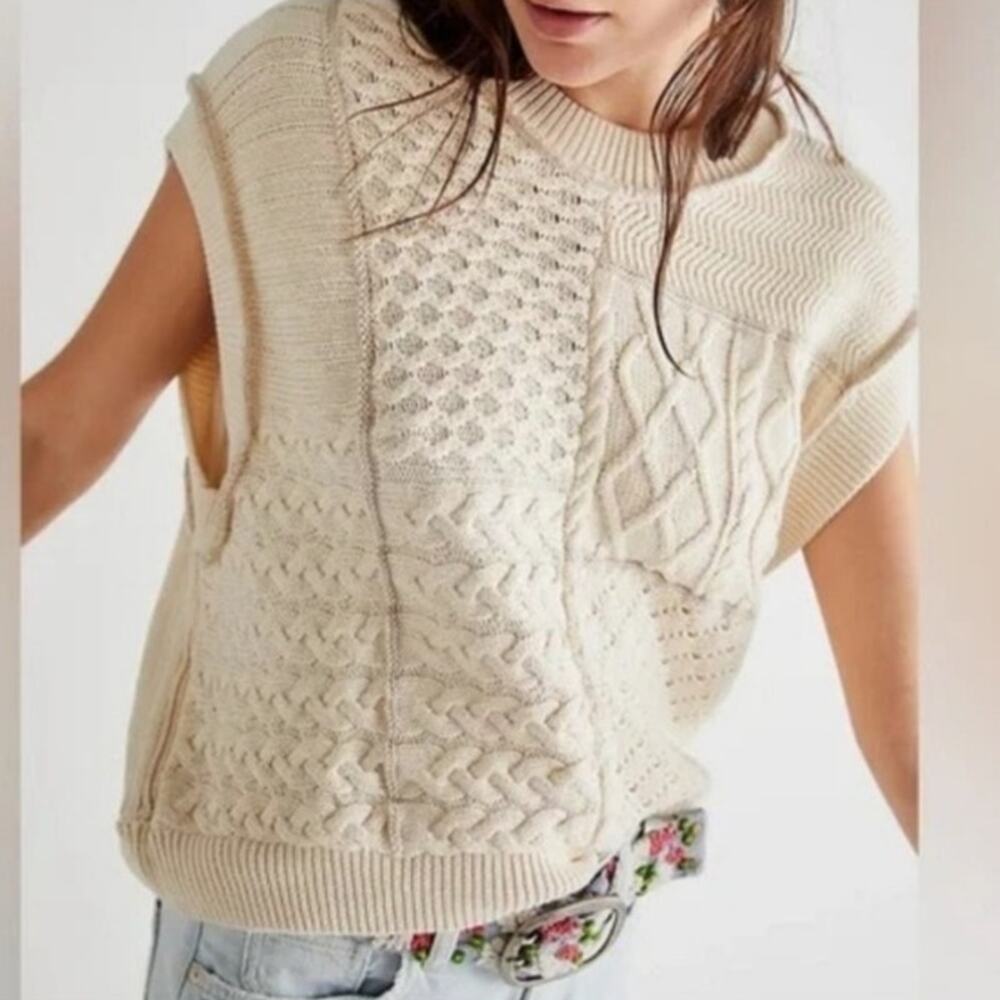 Free People Chunky Cable Knit Cotton Crew Neck Vest Cream Relaxed Size S